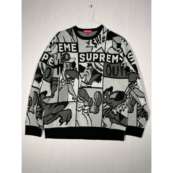 Supreme Cartoon Sweater / Jacket Medium Black Knit Pattern w/ Bag Supreme